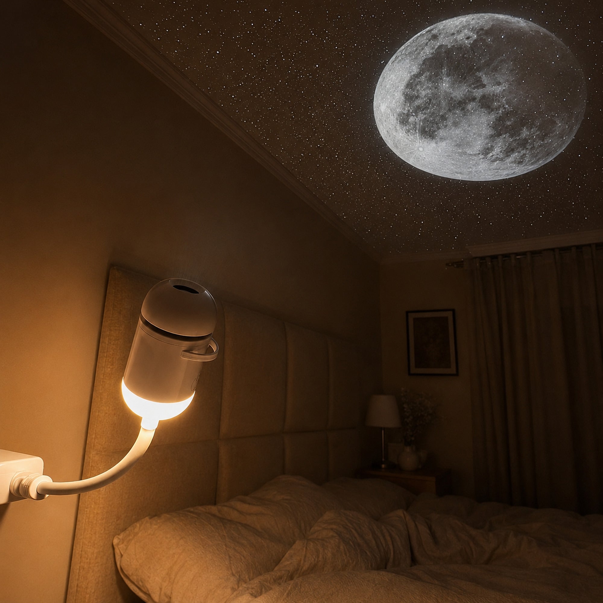 Mini galaxy projector beside a bed with moon projection
