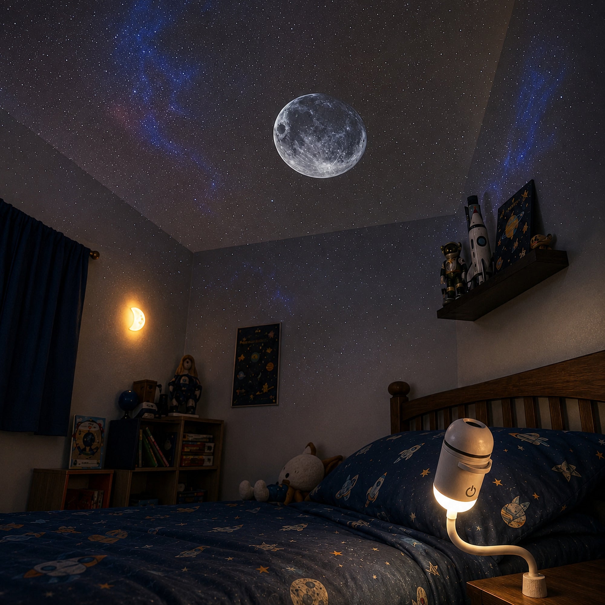 Galaxy projector lighting a bedroom with stars and moon