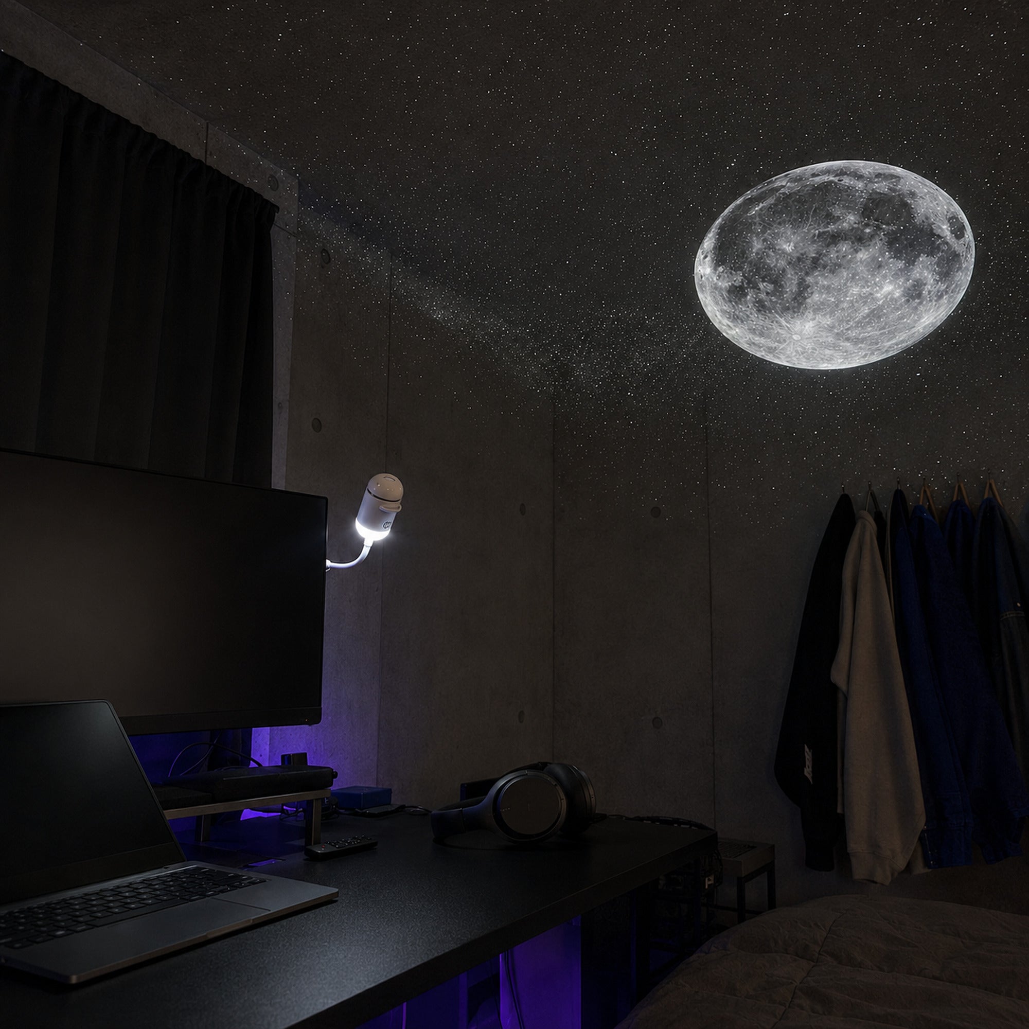 Galaxy projector creating stars in a gaming room